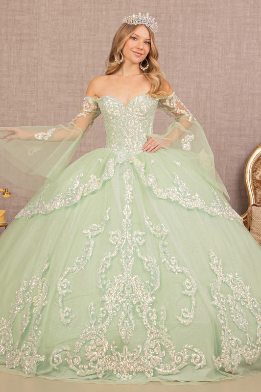 Glitter Layered Hem Quinceanera Gown Long Mesh Sleeves GLGL3109 Elsy Style QUINCEANERA