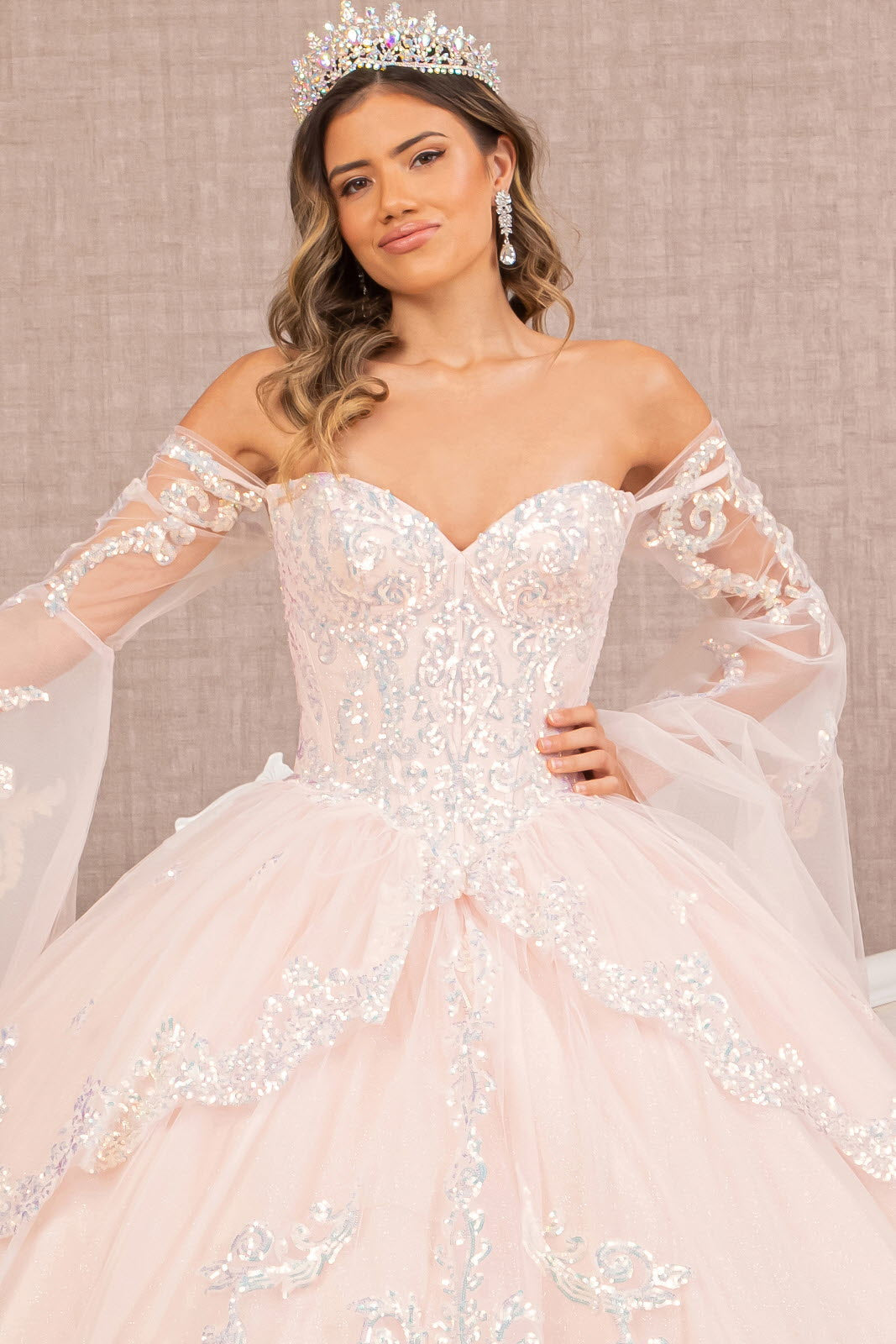 Glitter Layered Hem Quinceanera Gown Long Mesh Sleeves GLGL3109 Elsy Style QUINCEANERA