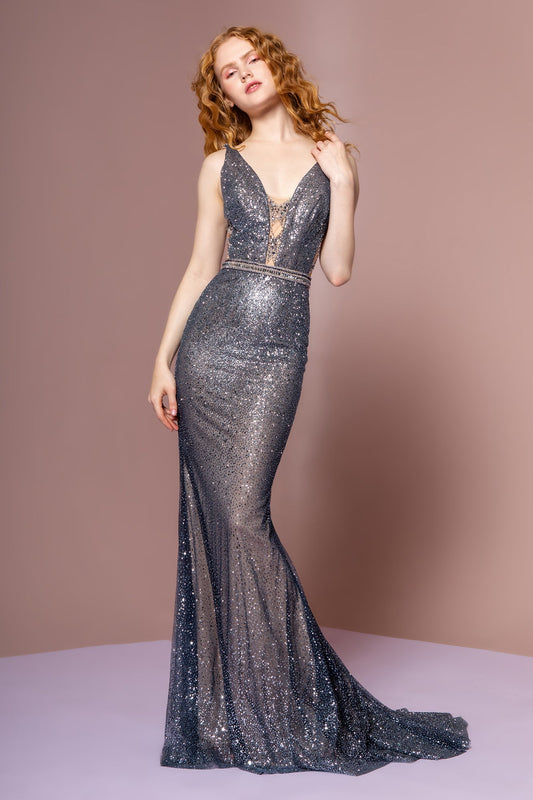 Glitter Mesh V-Neck Mermaid Long Dress GLGL2678 Elsy Style PROM