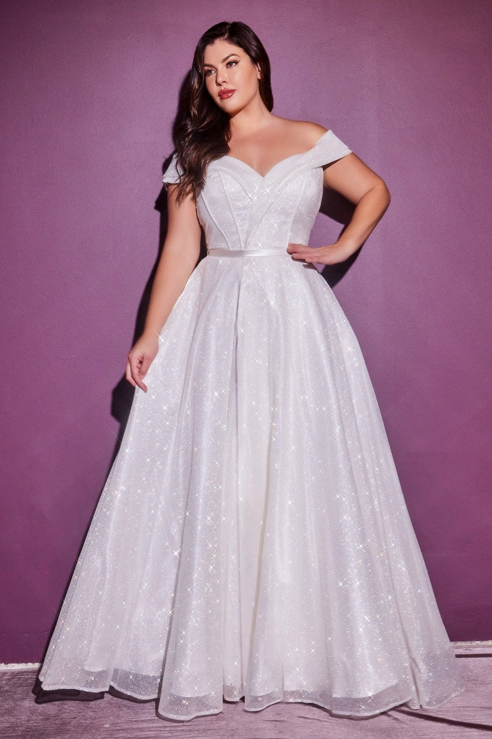 Glitter Off shoulder Bridal Plus Size Dress Structured Corset With Cap Sleeves Modern Curvy Wedding Gown Sexy Leg Slit CDCD214WC Elsy Style Wedding Dress