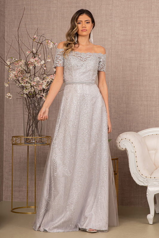 Glitter Print Mesh Cut-Away Shoulder A-Line Dress GLGL2942 Elsy Style MOTHER OF BRIDE