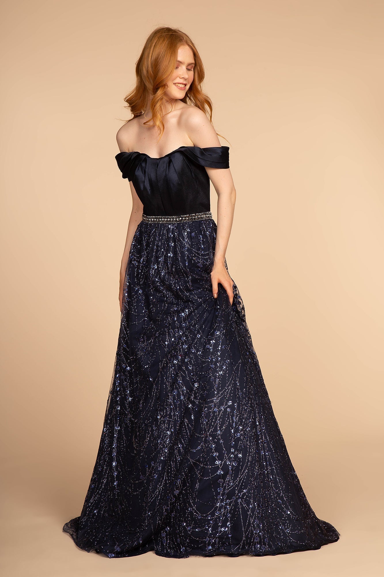 Glitter Print Skirt Off-The-Shoulder Long Dress GLGL2530 Elsy Style PROM