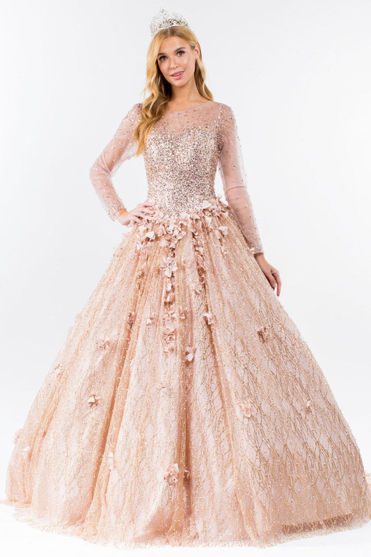 Glitter and Sequin Embellished Bodice Mesh Long Sleeve Quinceanera Dress GLGL1963 Elsy Style QUINCEANERA