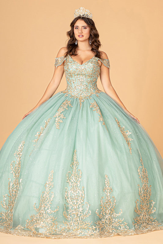 Gold Embroidered Mesh Quinceanera Ball Gown Corset Back GLGL3100 Elsy Style QUINCEANERA