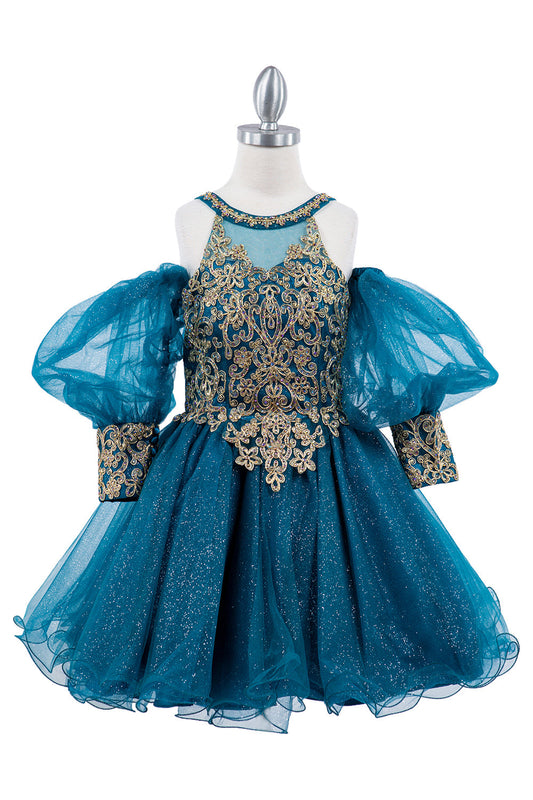 Gold Lace Glitter Tulle Off Shoulder Long Sleeves Kids Dress CU5113 Elsy Style Kids Dress