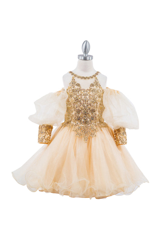 Gold Lace Glitter Tulle Off Shoulder Long Sleeves Kids Dress CU5113X Elsy Style Kids Dress