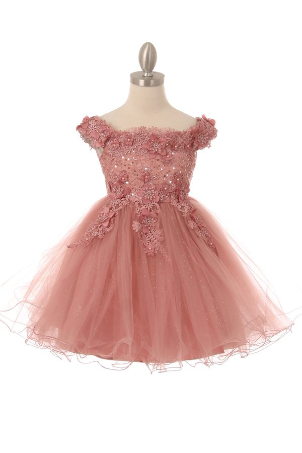 Gorgeous Off Shoulder Lace Decorated 3D Flowers Long Kids Dress CU9085B Elsy Style Kids Dress