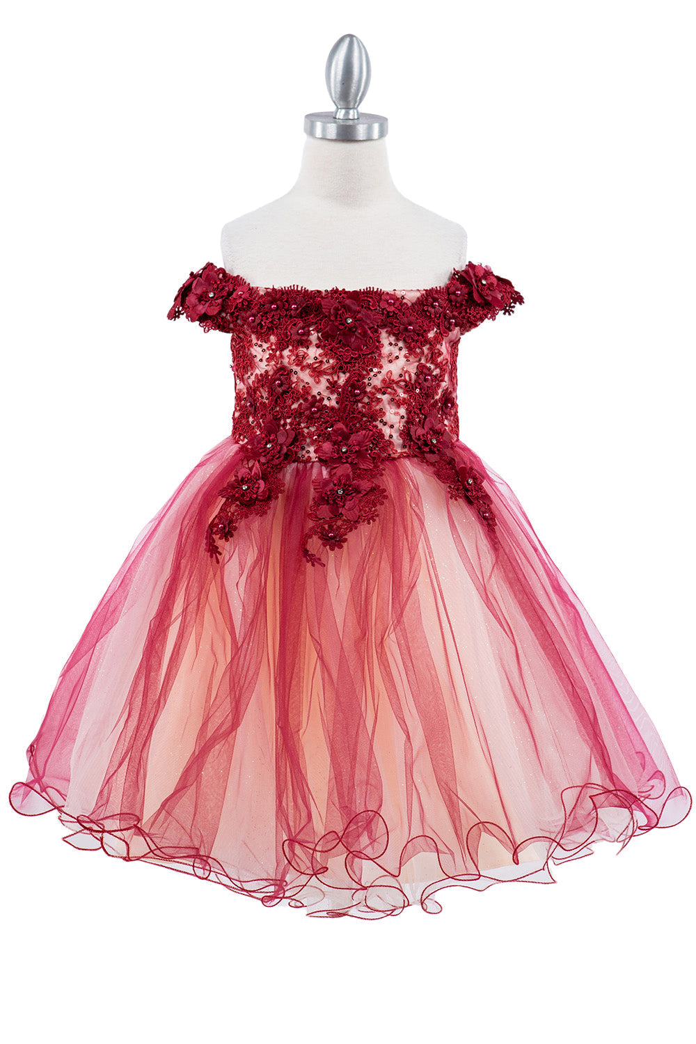 Gorgeous Off Shoulder Two Tone Lace Decorated in 3D Flowers Kids Dress CU9130 Elsy Style Kids Dress