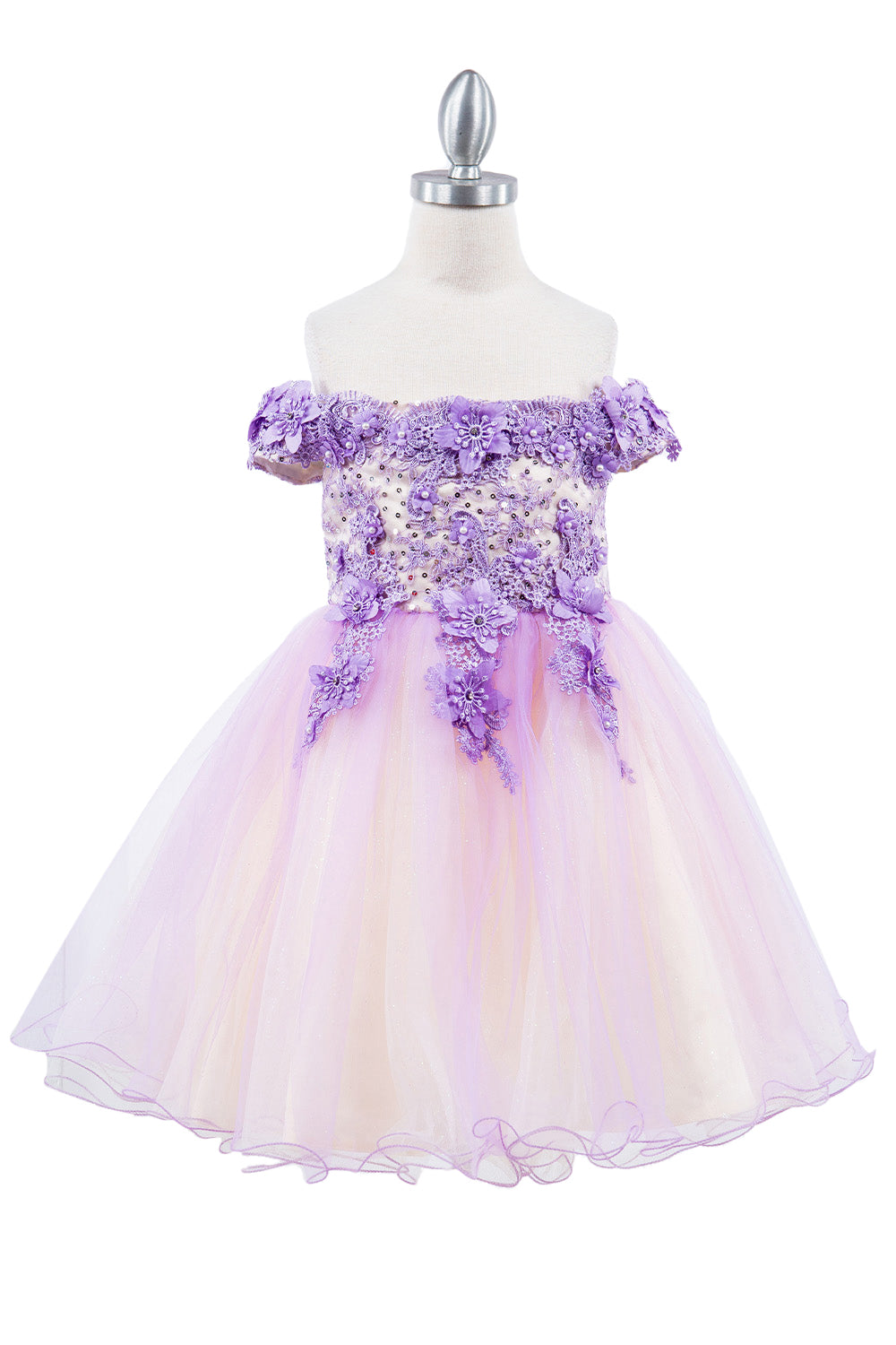 Gorgeous Off Shoulder Two Tone Lace Decorated in 3D Flowers Kids Dress CU9130 Elsy Style Kids Dress