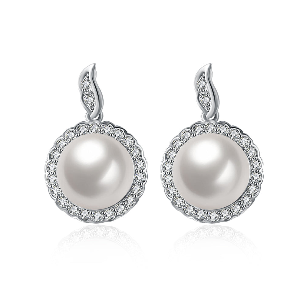 Halo Pave Freshwater Pearl Stud in 18K White Gold Plated with  Crystals Elsy Style Earring