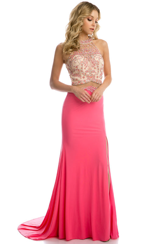 Halter Mesh Waistline Side Slit Long Prom Dress JT620 Elsy Style Prom Dress