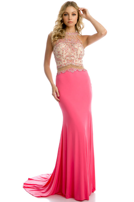 Halter Mesh Waistline Side Slit Long Prom Dress JT620 Elsy Style Prom Dress