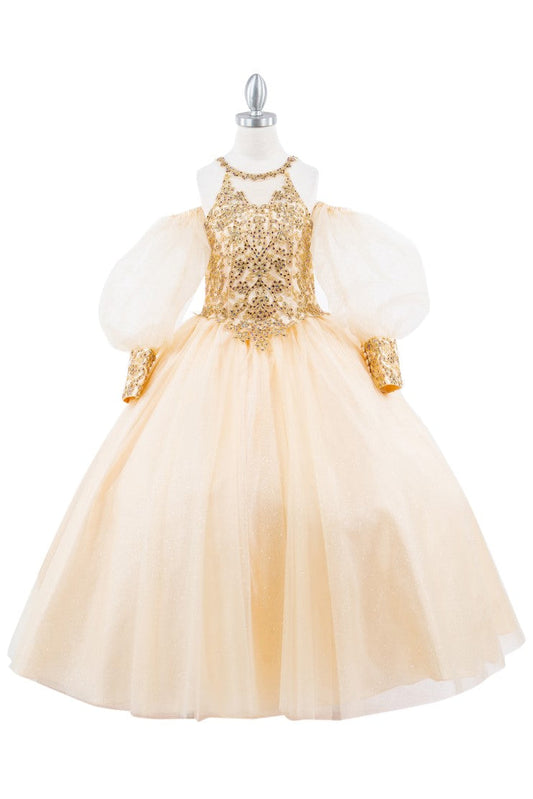 Halter Neck Gold Applique Detachable Sheer Puff Sleeves Quinceanera Girl Dress CU5114X Elsy Style Kids Dress