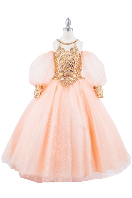 Halter Neck Gold Applique Detachable Sheer Puff Sleeves Quinceanera Kids Dress CU5114 Elsy Style Kids Dress