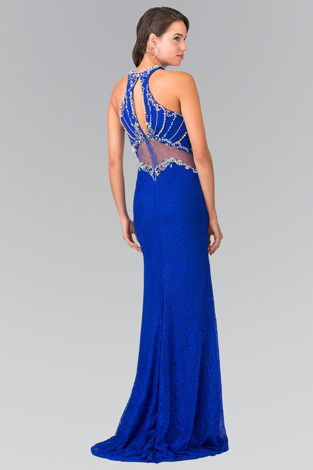 Halter-Neck Lace Long Dress with Illusion Waistline GLGL2275 Elsy Style PROM