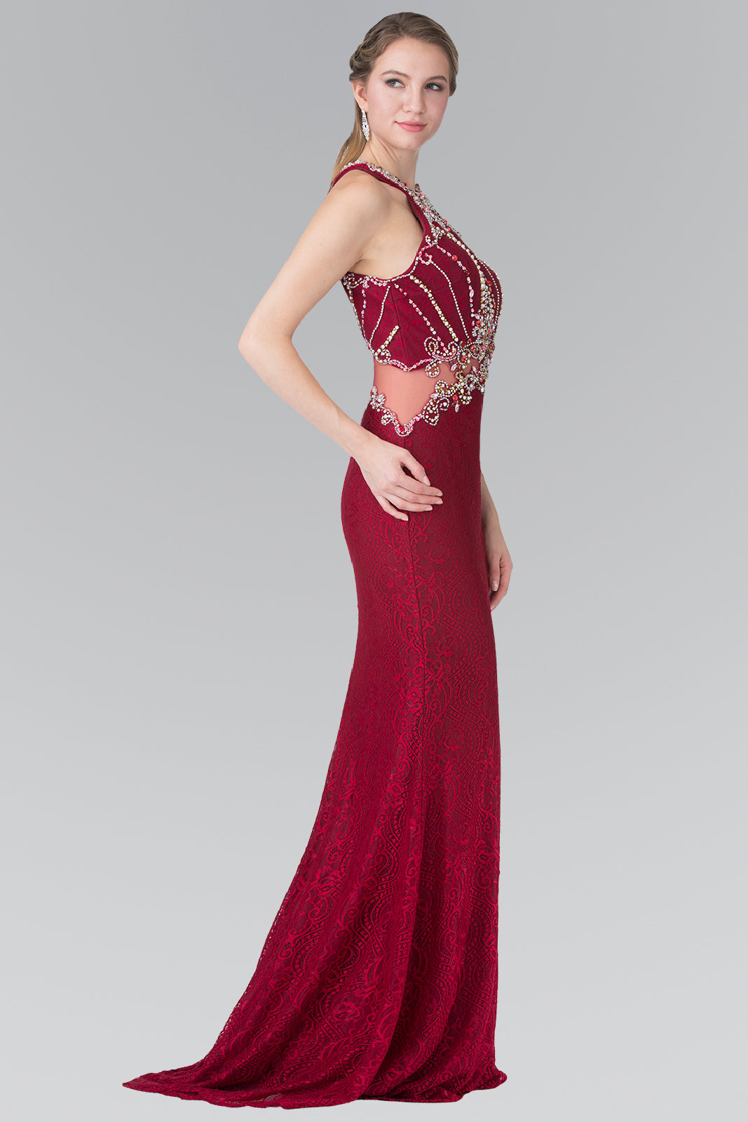 Halter-Neck Lace Long Dress with Illusion Waistline GLGL2275 Elsy Style PROM