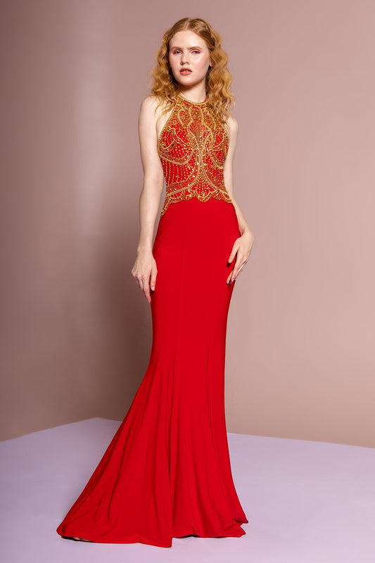 Halterneck Jersey Long Dress with Beaded Bodice GLGL1301 Elsy Style PROM