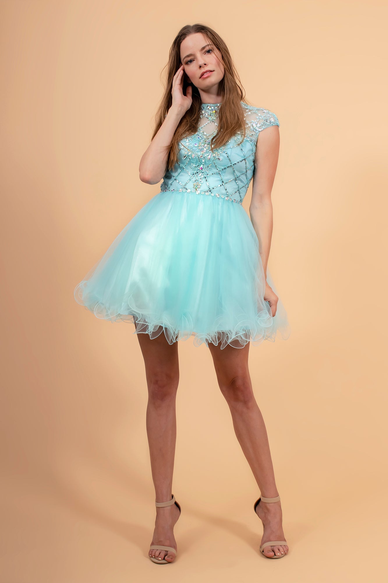 High Illusion Neck Cap Sleeve Short Dress GLGS2044 Elsy Style HOMECOMING