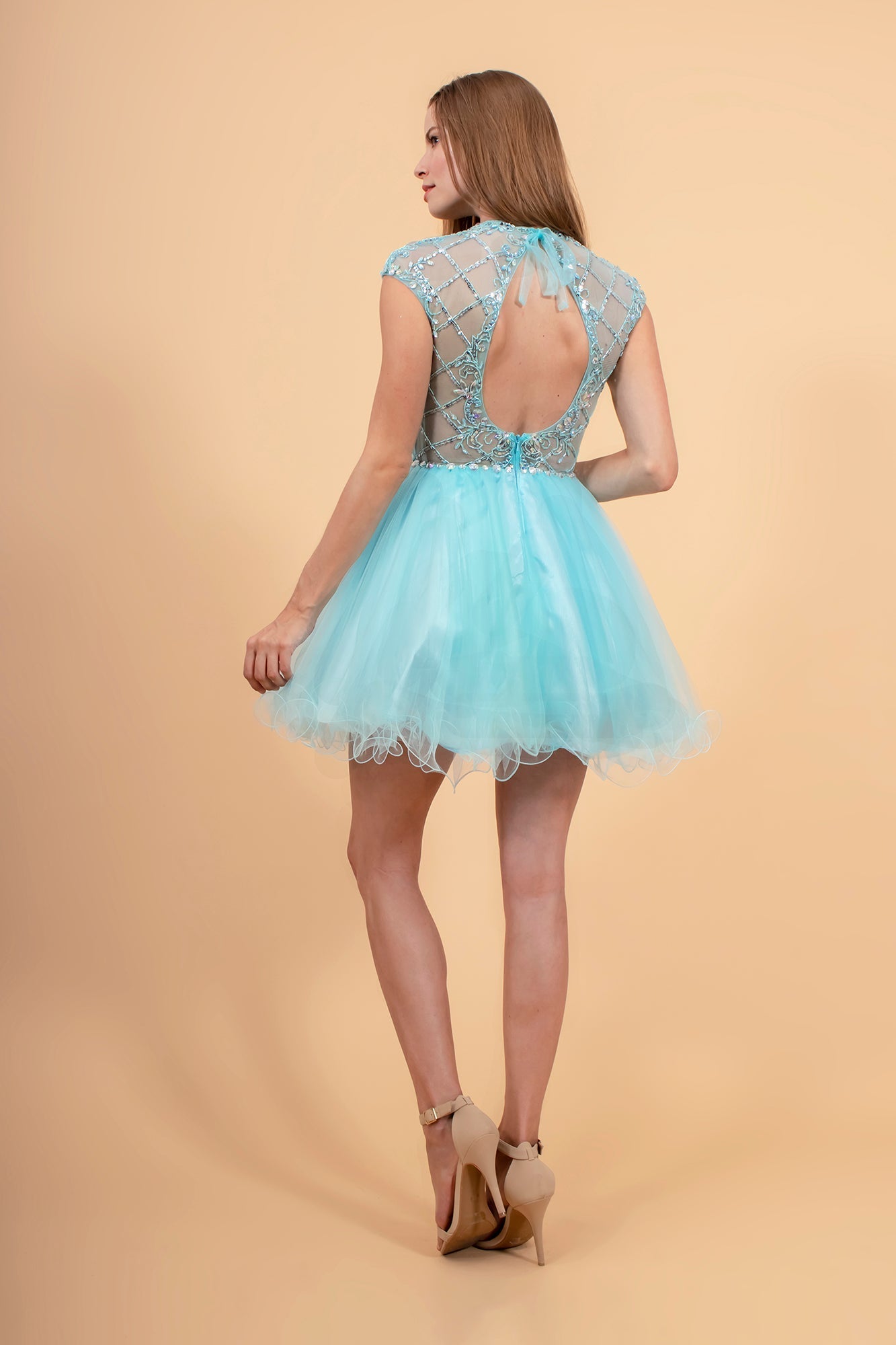 High Illusion Neck Cap Sleeve Short Dress GLGS2044 Elsy Style HOMECOMING