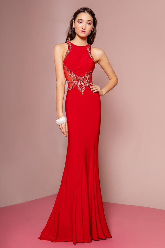 Illusion Back Floor Length Dress with Sheer Side Cut Outs GLGL1357 Elsy Style PROM