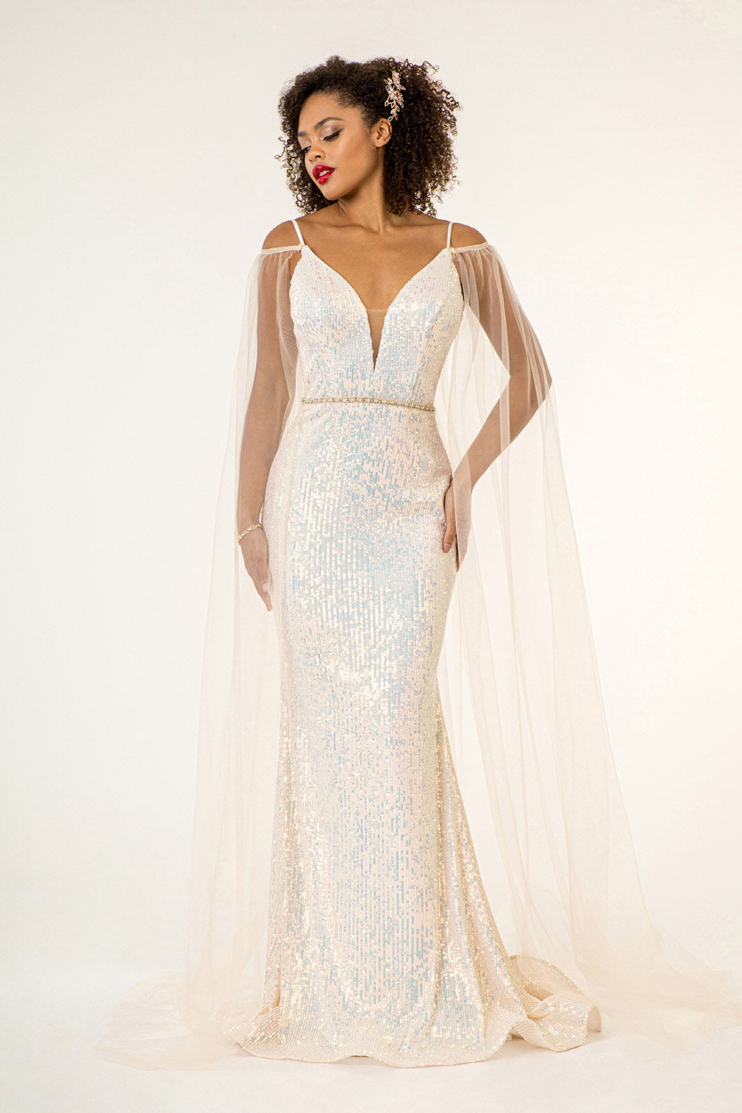 Illusion Deep V-Neck Jewel Embellished Waistline Sequin Long Dress - Mask Not Included GLGL1955 Elsy Style GALA