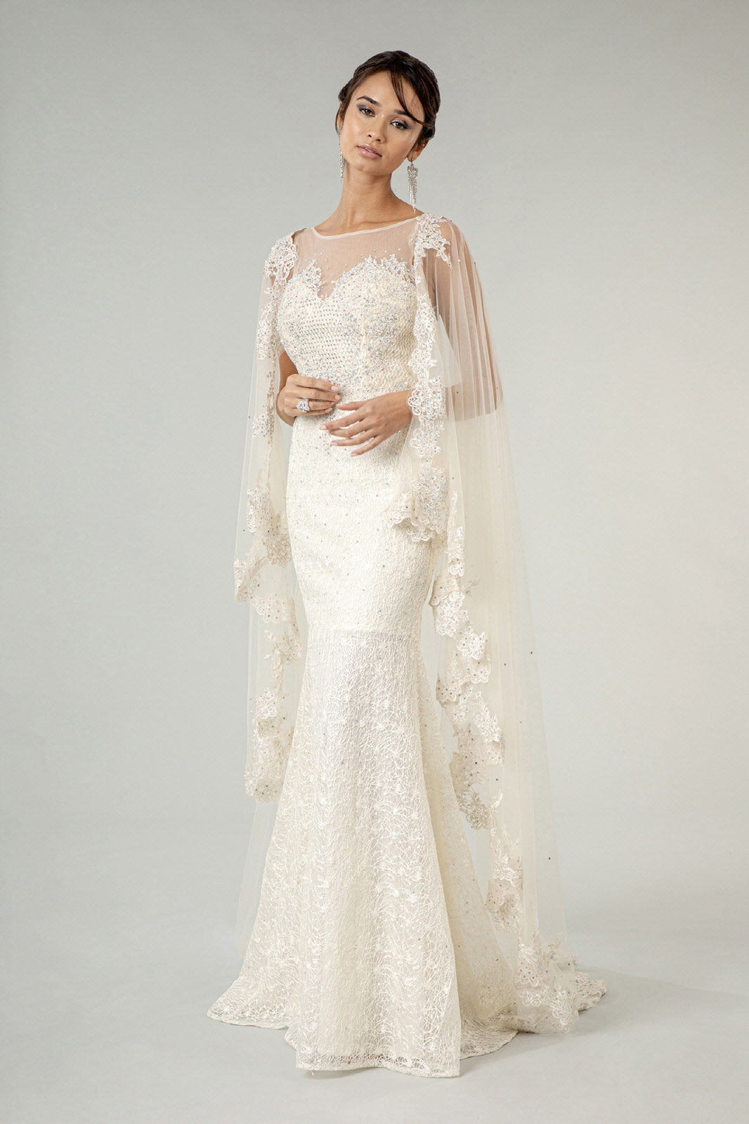 Illusion Sweethearted Embroidered Lace Wedding Gown Detachable Cape - Mask Not Included GLGL1918 Elsy Style WEDDING GOWNS