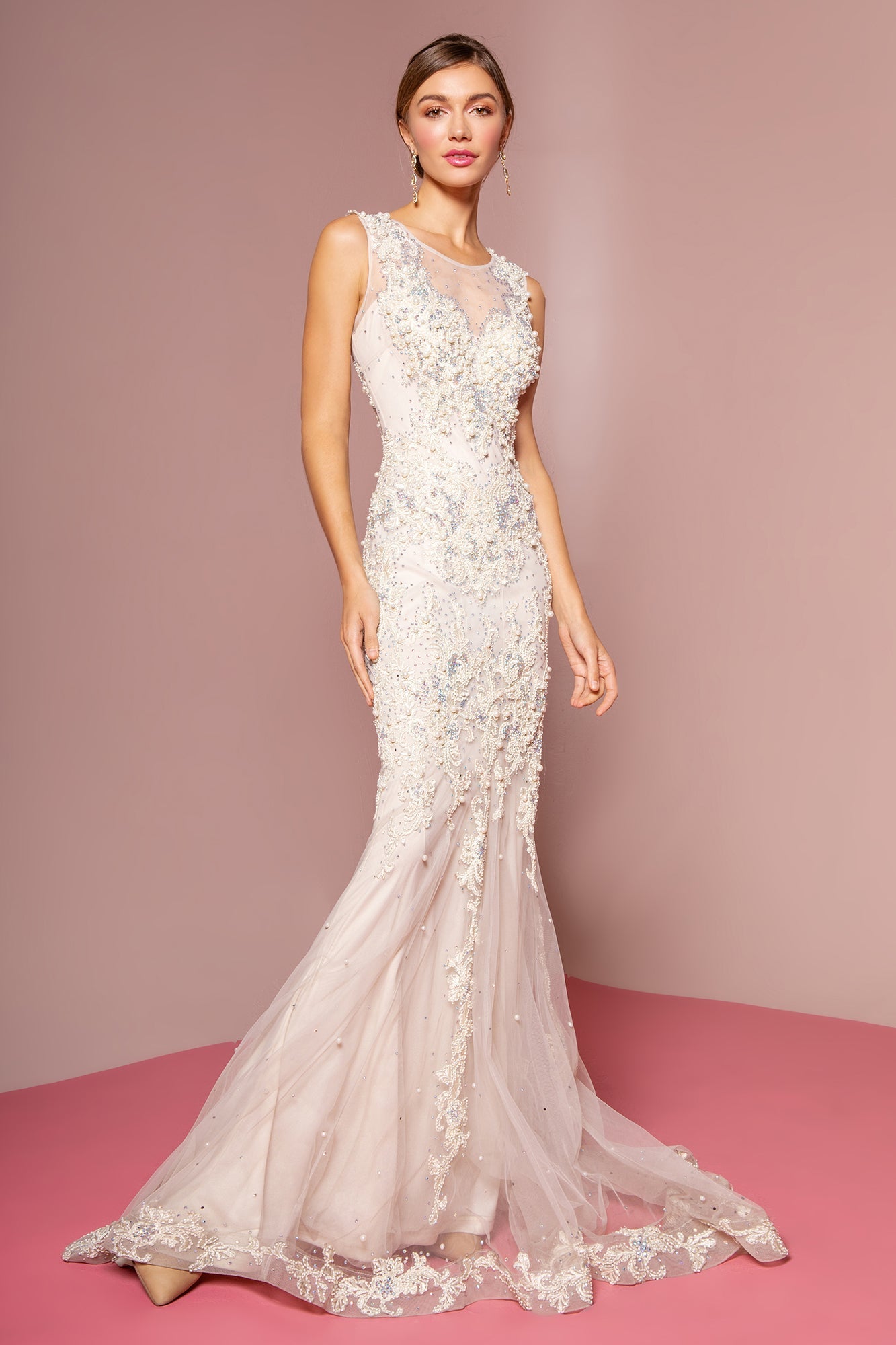 Ivory Floor Length Dress Accented with Bead and Pearl GLGL1344 Elsy Style PROM