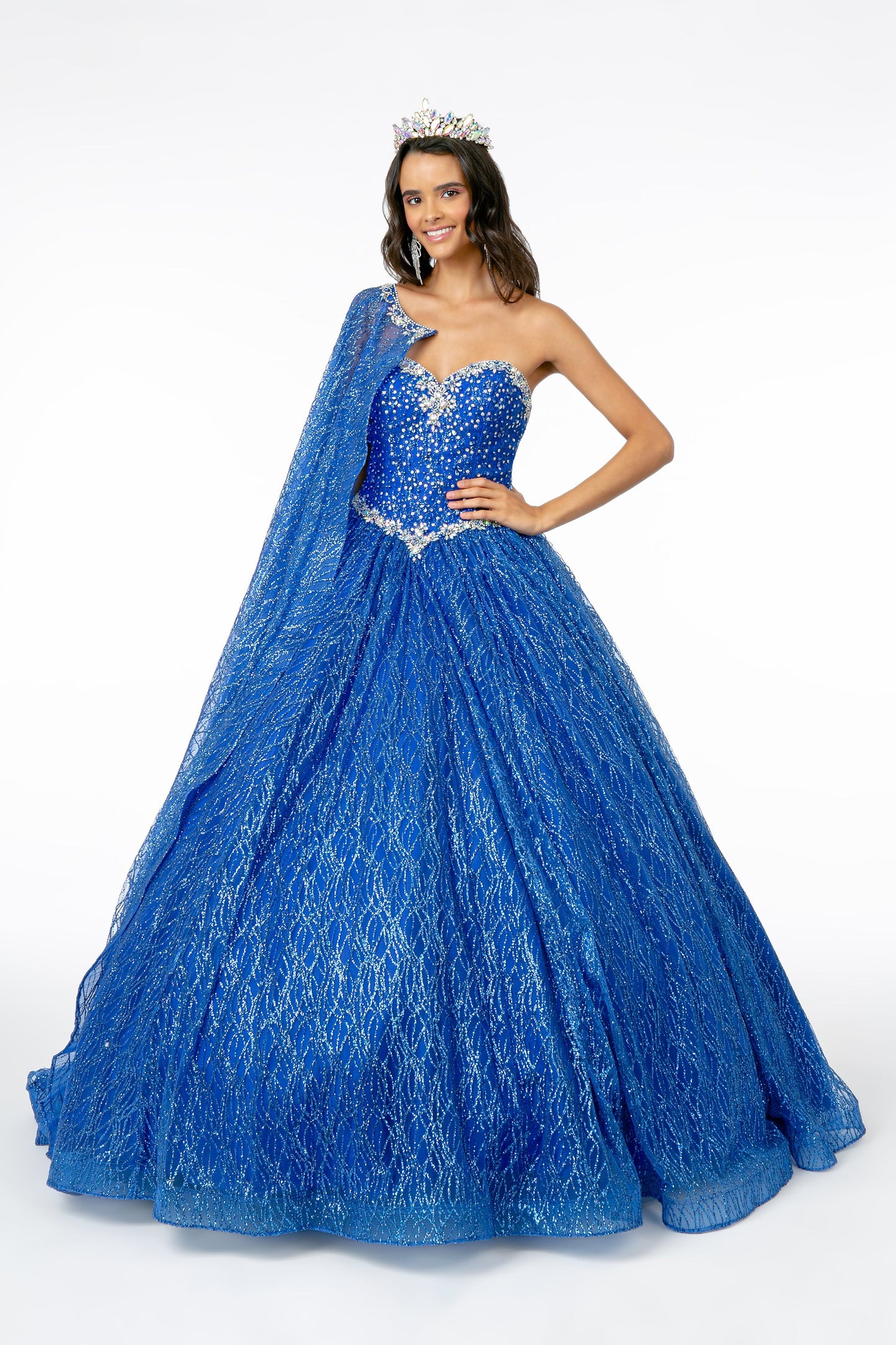 Jewel Embellished Bodice Glitter Mesh Ball Gown Glitter Mesh Cape GLGL2801 Elsy Style QUINCEANERA