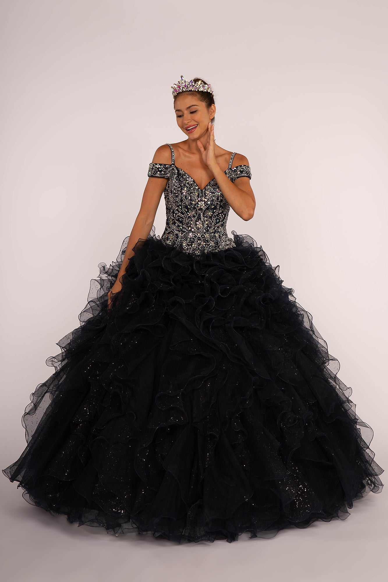 Jewel Embellished Cut-Away Shoulder Ruffle Skirt Quinceanera Dress GLGL2516 Elsy Style QUINCEANERA