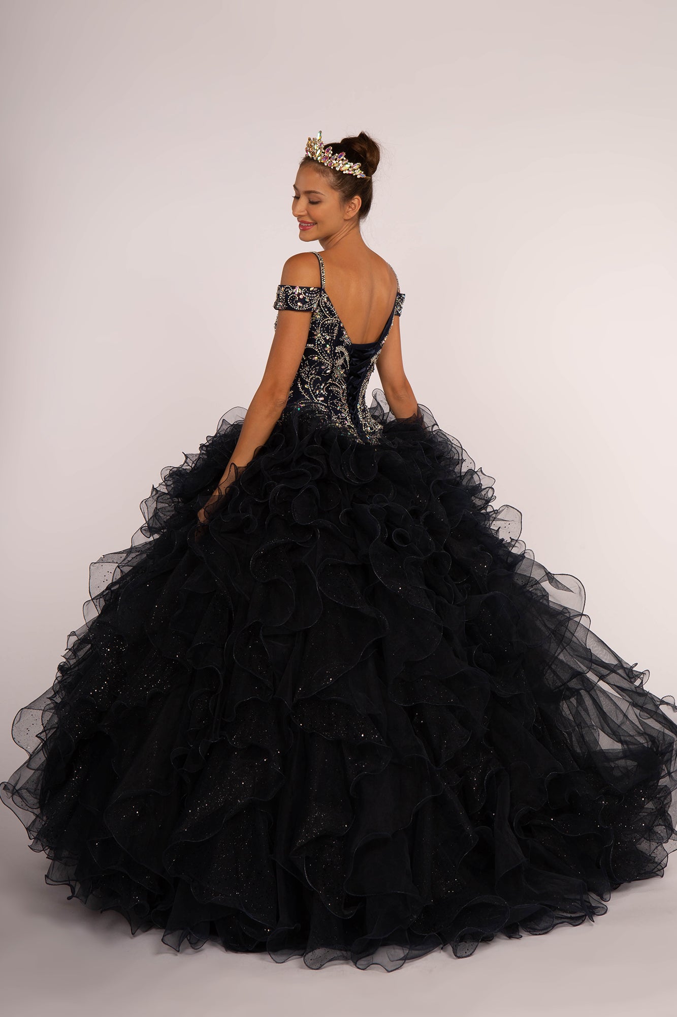 Jewel Embellished Cut-Away Shoulder Ruffle Skirt Quinceanera Dress GLGL2516 Elsy Style QUINCEANERA