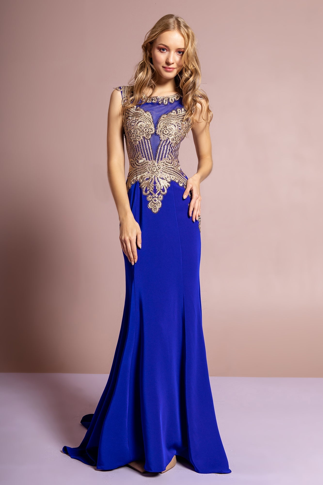 Jewel Embellished Embroidery Jersey Long Dress with Sheer Back GLGL1461 Elsy Style PROM