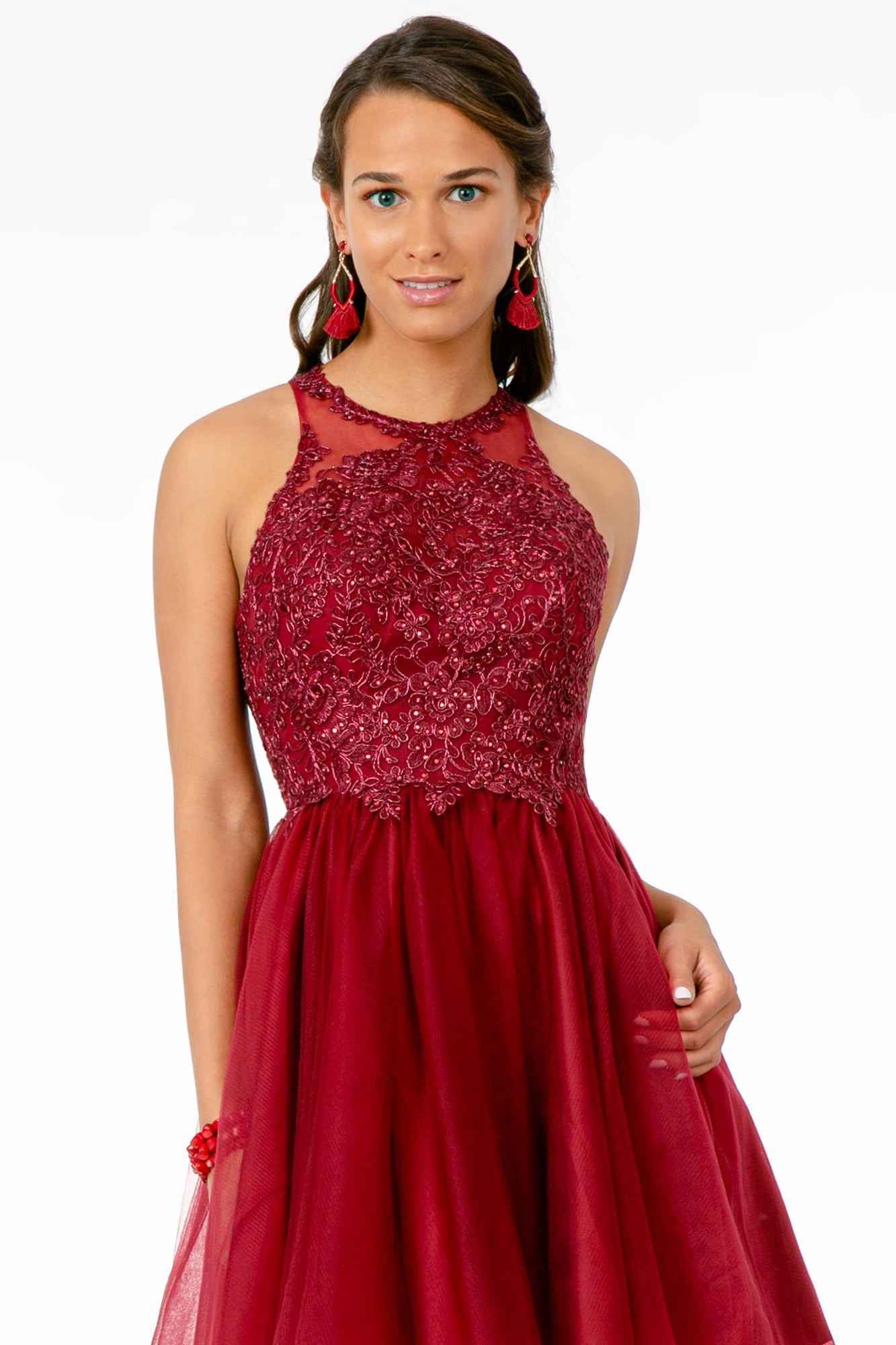 Jewel Embellished Embroidery Tulle Short Dress Strap Back GLGS2809 Elsy Style HOMECOMING