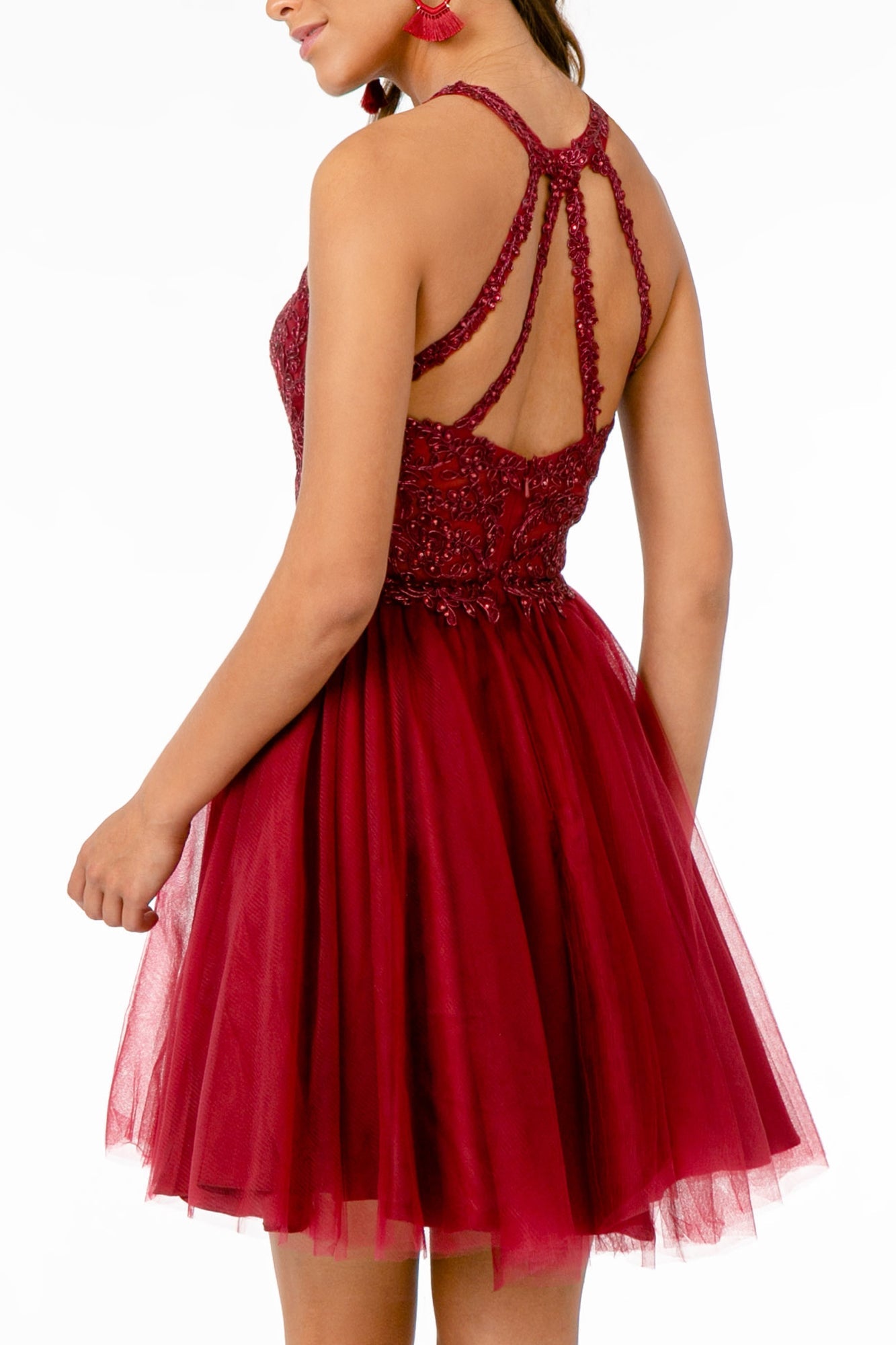 Jewel Embellished Embroidery Tulle Short Dress Strap Back GLGS2809 Elsy Style HOMECOMING