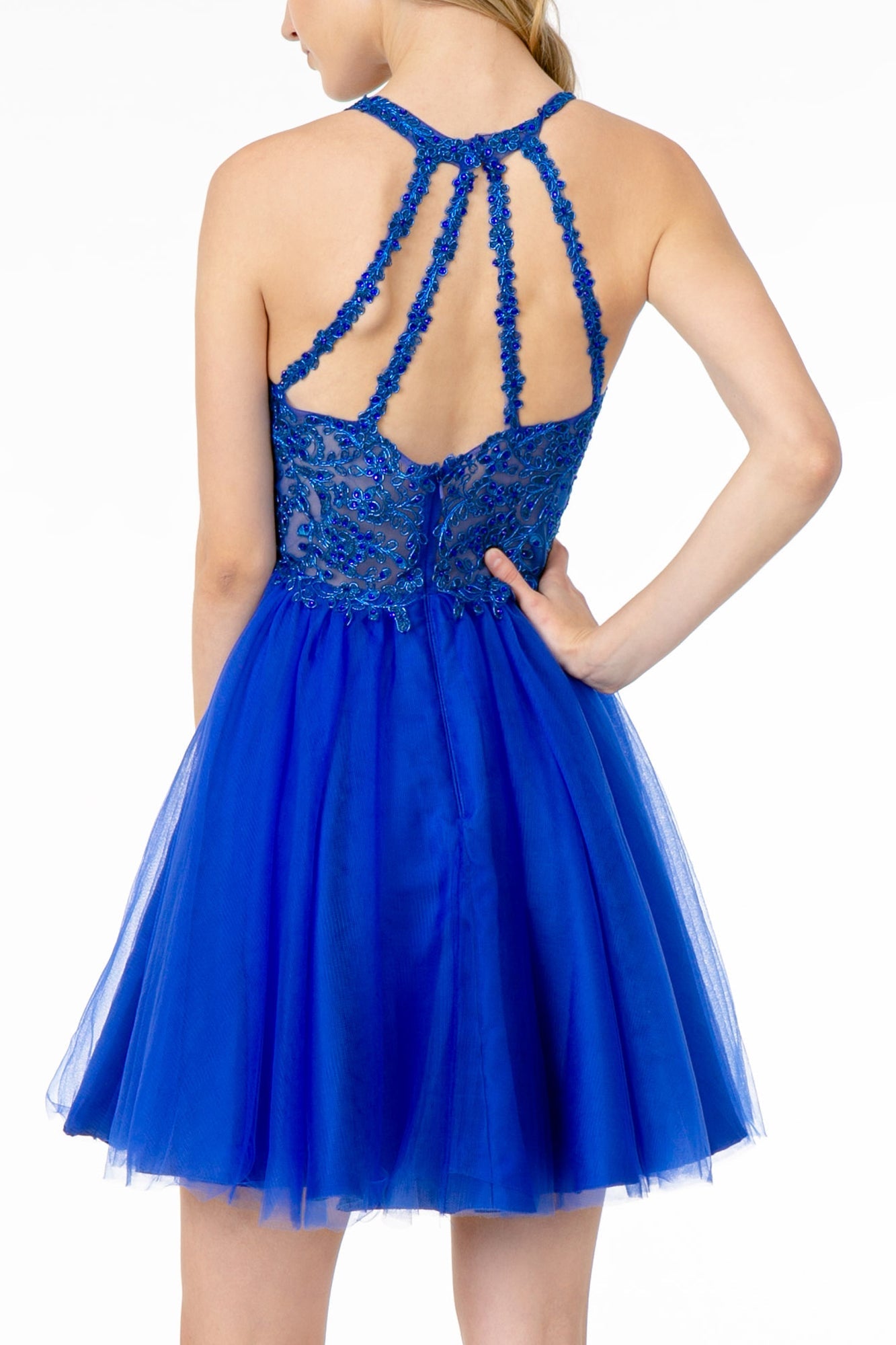 Jewel Embellished Embroidery Tulle Short Dress Strap Back GLGS2809 Elsy Style HOMECOMING