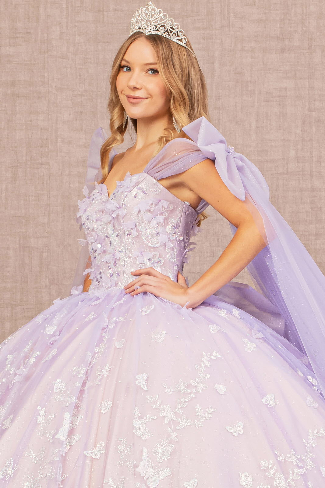 Jewel Glitter Quinceanera Gown Long Mesh Layer and Ribbons GLGL3175 Elsy Style QUINCEANERA