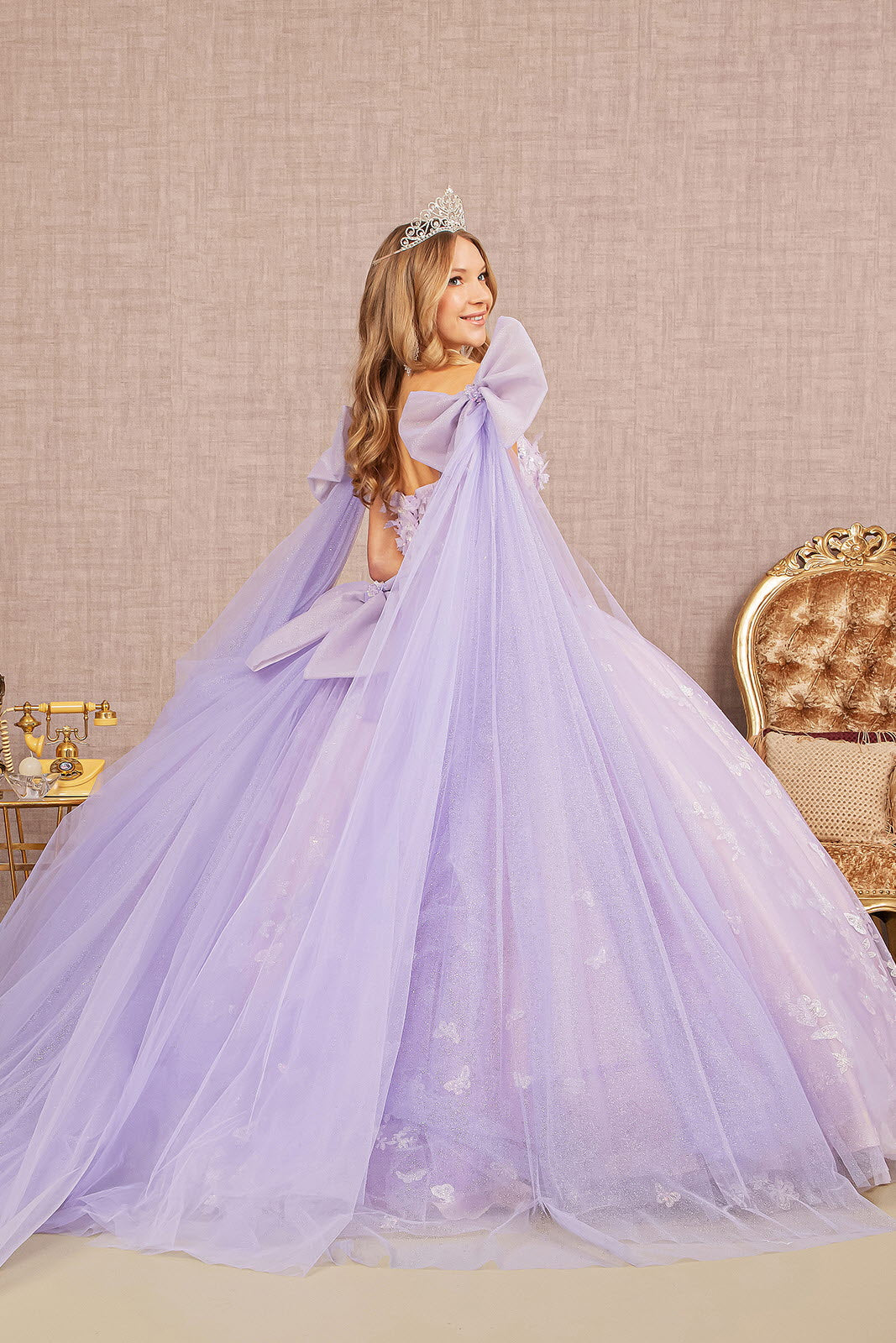 Jewel Glitter Quinceanera Gown Long Mesh Layer and Ribbons GLGL3175 Elsy Style QUINCEANERA