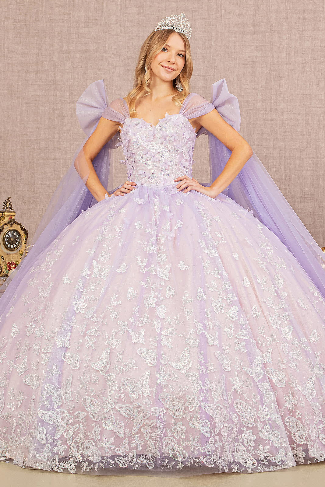 Jewel Glitter Quinceanera Gown Long Mesh Layer and Ribbons GLGL3175 Elsy Style QUINCEANERA