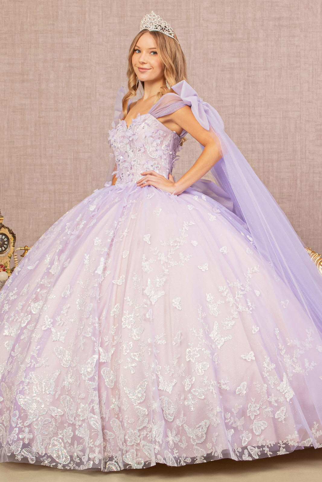 Jewel Glitter Quinceanera Gown Long Mesh Layer and Ribbons GLGL3175 Elsy Style QUINCEANERA