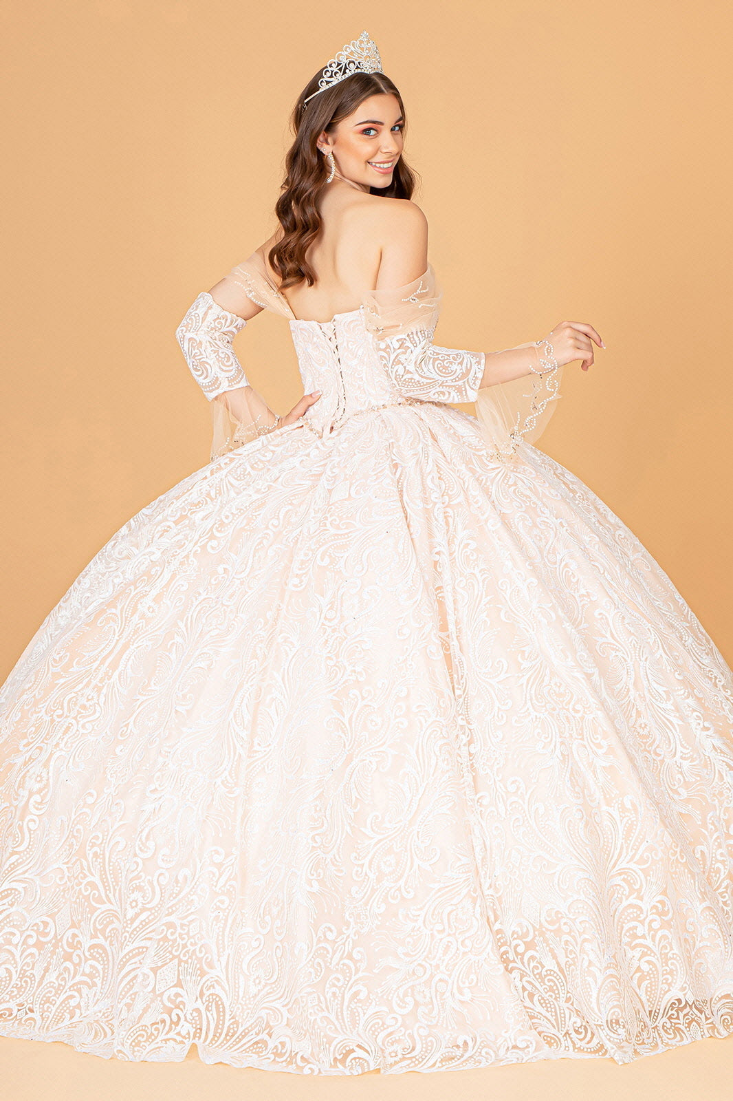 Jewel Mesh Quinceanera Dress Mini Bag and Separate Long Sleeves GLGL3073 Elsy Style QUINCEANERA