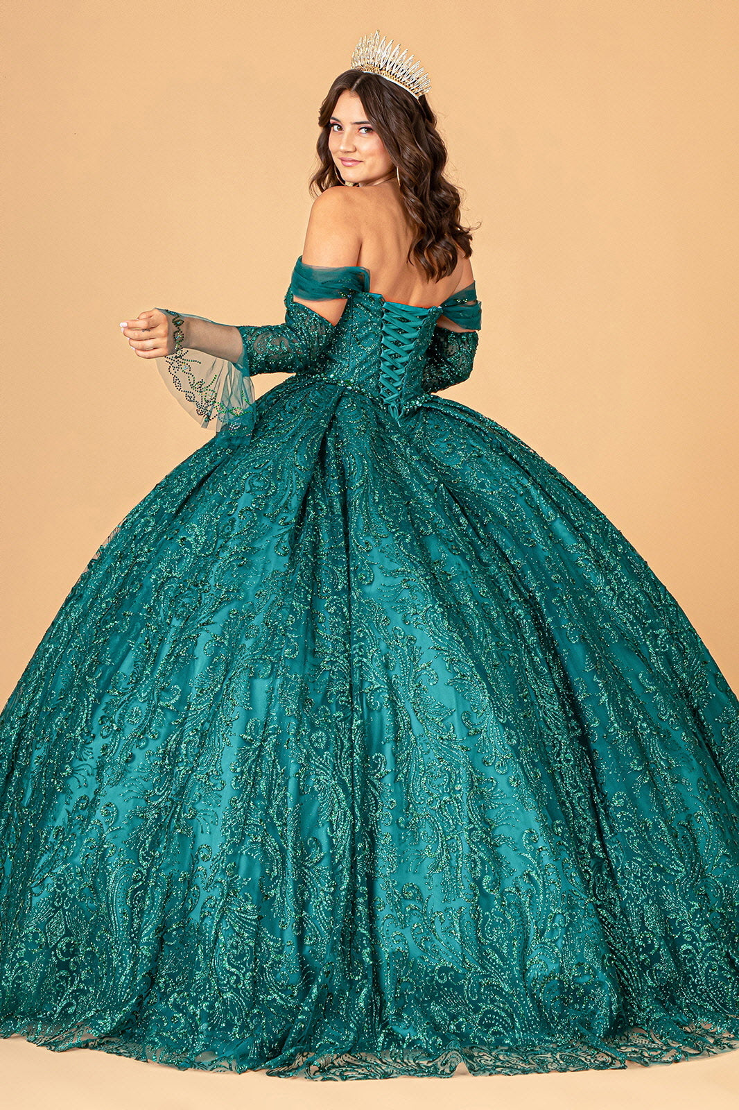 Jewel Mesh Quinceanera Dress Mini Bag and Separate Long Sleeves GLGL3073 Elsy Style QUINCEANERA