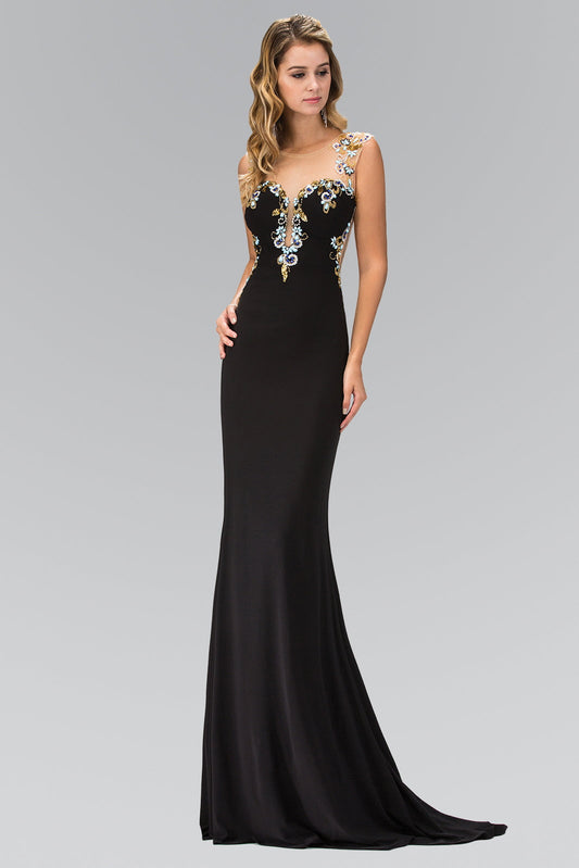 Jewel and Sequin Embellished Jersey Long Dress with Sheer Back GLGL1402 Elsy Style PROM