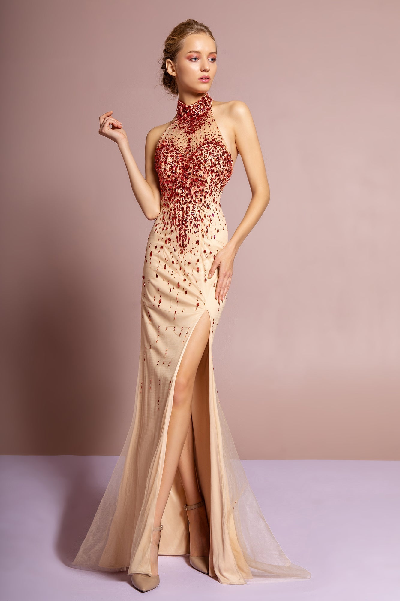 Jeweled High Neck Open Back Dress GLGL2147 Elsy Style PROM