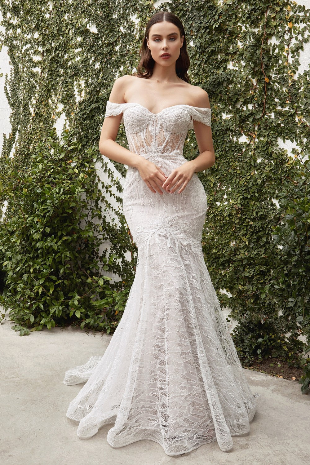 Jolie Lace Bridal Gown Mermaid Embroidered Skirt Modern Vintage Wedding Style Sheer Sensual Off Shoulder Bodice CDA0666W Elsy Style Wedding Dresses