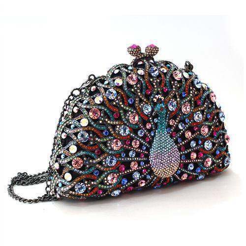 LO2370 - Ruthenium White Metal Clutch with Top Grade Crystal  in Multi Color Elsy Style Clutch