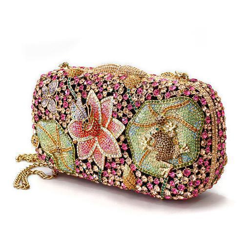 LO2375 - Ancientry Gold White Metal Clutch with Top Grade Crystal  in Multi Color Elsy Style Clutch