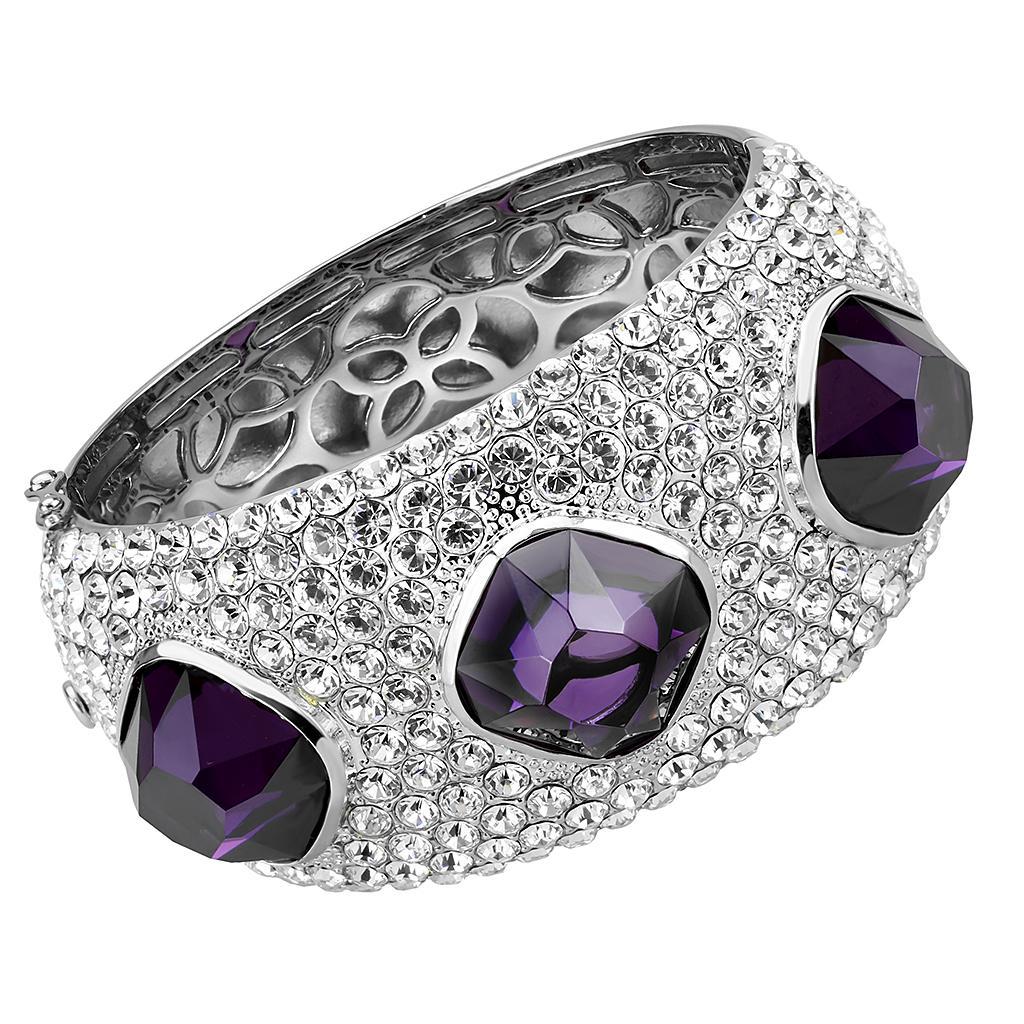 LO4330 - Rhodium Brass Bangle with AAA Grade CZ  in Amethyst Elsy Style Bangle