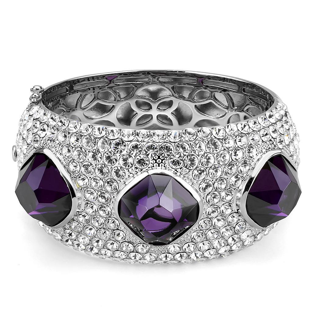 LO4330 - Rhodium Brass Bangle with AAA Grade CZ  in Amethyst Elsy Style Bangle