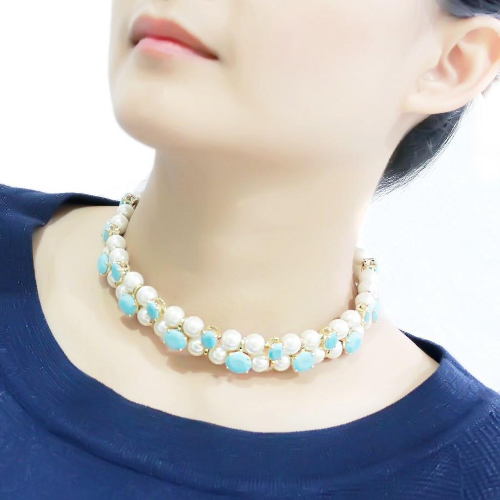 LO4661 - Gold Brass Necklace with Synthetic Glass Bead in White Elsy Style Necklace