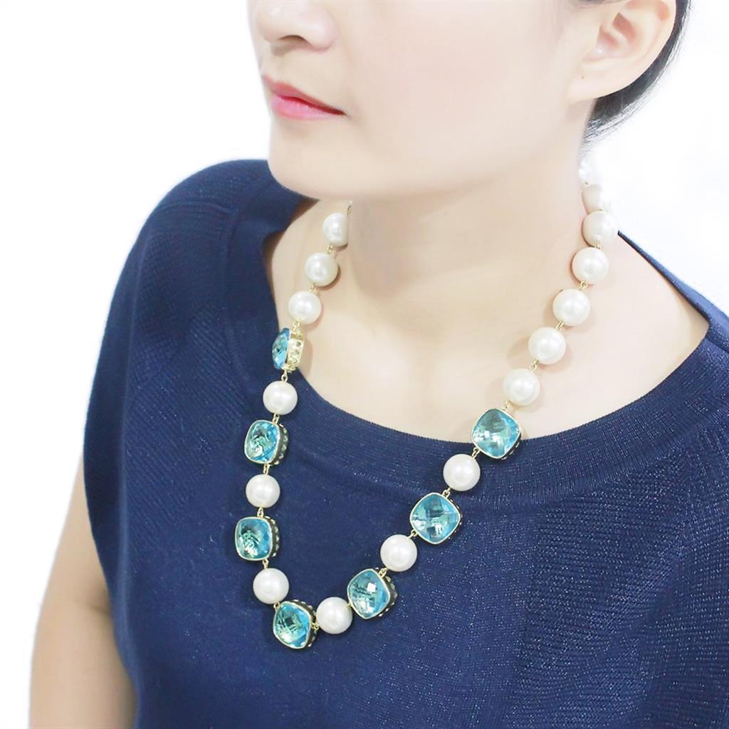 LO4706 - Gold Brass Necklace with Synthetic Synthetic Glass in Sea Blue Elsy Style Necklace