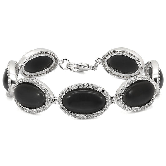 LOS330 - Rhodium 925 Sterling Silver Bracelet with Synthetic Cat Eye in Jet Elsy Style Bracelet